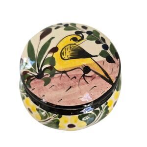Vintage Tonala Mexico Small Covered Ceramic Trinket Box Yellow Bird Floral Boho